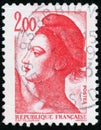 Three vintage stamp printed in France circa 1983 shows woman, the French symbol of Liberty