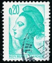 Three vintage stamp printed in France circa 1982 shows woman, the French symbol of Liberty