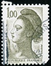 Three vintage stamp printed in France circa 1982 shows woman, the French symbol of Liberty