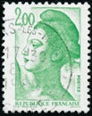 Three vintage stamp printed in France circa 1982 shows woman, the French symbol of Liberty