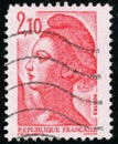 Three vintage stamp printed in France circa 1984 shows woman, the French symbol of Liberty