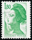Three vintage stamp printed in France circa 1985 shows woman, the French symbol of Liberty