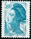 Three vintage stamp printed in France circa 1982 shows woman, the French symbol of Liberty