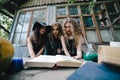 Three vintage witches perform magic ritual Royalty Free Stock Photo