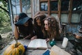 Three vintage witches perform magic ritual Royalty Free Stock Photo