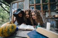 Three vintage witches perform magic ritual Royalty Free Stock Photo