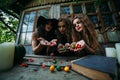 Three vintage witches perform magic ritual Royalty Free Stock Photo