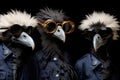 Three vultures wearing glasses and jackets on a black background.