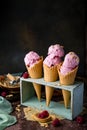 Three waffle cones with pink ice cream Royalty Free Stock Photo