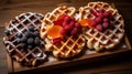 Delicious Waffle Slices On Wooden Tray With Fruit And Syrup Royalty Free Stock Photo