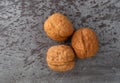 Three walnuts on a gray background