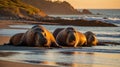 Golden Hour Walruses Resting on Sandy Beach Royalty Free Stock Photo