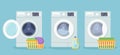 Washing machines with plastic basket with dirty linen, detergent and plastic basket with clean linen. Vector illustration