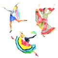 Three water colored dancing women on the white background. Royalty Free Stock Photo