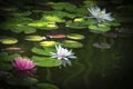 Three water lilies in a pond with green leaves. One white nymphaea with drops of water on the petals is reflected in the water. T