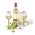 Three watercolor glasses of white wine, bottle, white grapes and cheese. Royalty Free Stock Photo