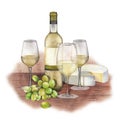 Three watercolor glasses of white wine, bottle, white grapes and cheese. Royalty Free Stock Photo