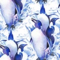 Three watercolor penguins surrounded by cracking ice blocks.