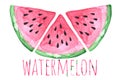 Three watercolor watermelon pieces with written word \