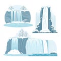 Three waterfall illustrations with snow and trees in a cartoon style on a white background Royalty Free Stock Photo