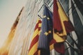 Three waving flags: European Union, Catalonia, Spain Royalty Free Stock Photo