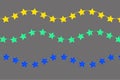 Three wavy lines of stars in yellow, teal, and blue colors on a gray background. Vector illustration. EPS 10.