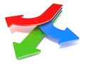 Three way arrows, showing three different directions. Blue left, red right and forward green arrows concept. 3D