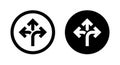 Three-way direction arrow, crossroads icon vector isolated on circle background