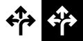 Three-way direction arrow icon vector in clipart concept. Crossroads sign symbol