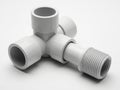 Three-way plastic pipe fitting with threaded end isolated on white background Royalty Free Stock Photo