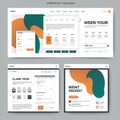 Three web design mockups feature minimalist layouts with abstract orange and green shapes. Royalty Free Stock Photo