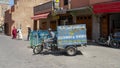 Three wheel motorcycle truck delivering for the Restaurant Al Baraka in Marrakesh, Morocco. Royalty Free Stock Photo