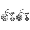 Three-wheeled bike line and solid icon, childhood concept, Kids tricycle sign on white background, Baby bicycle icon in