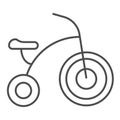 Three-wheeled bike thin line icon, childhood concept, Kids tricycle sign on white background, Baby bicycle icon in