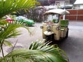 Three-wheeled mototaxi with a roof stands in the yard