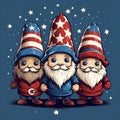 Three whimsical American leprechauns stand together dressed in patriotic colors.