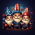 Three whimsical American leprechauns stand together dressed in patriotic colors.