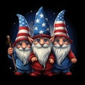 Three whimsical American leprechauns stand together dressed in patriotic colors.