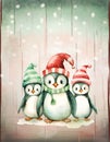 Three Whimsical Christmas Penguins on Abstract Background