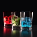 Three whiskey glasses with blue, green, red ice cubes on black background Royalty Free Stock Photo