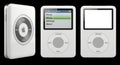 Three white apple ipods displayed from different angles showing front and side views transparent background Royalty Free Stock Photo