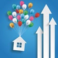 Three White Arrows House Balloons Blue Background Royalty Free Stock Photo