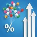 Three White Arrows Percent Balloons Blue Background Royalty Free Stock Photo