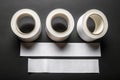 Three white Blank painter tape stickers isolated on black background. Template mockup Royalty Free Stock Photo