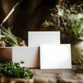 Three white blank sheets of paper arranged side by side around green plants Royalty Free Stock Photo