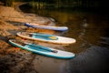 Three sup boards lying near the water on the lakeside on the sun Royalty Free Stock Photo