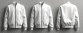 Three white bomber jackets displayed from different angles front side view and back. This apparel mockup shows zippered casual Royalty Free Stock Photo