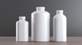 Three White Bottles Placed on Wooden Table