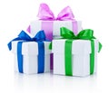 Three White boxs tied with colored satin ribbons bow Isolated Royalty Free Stock Photo