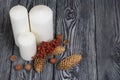 Three white candles stand on painted pine planks. Nearby are spruce cones, dried rowan berries and acorns Royalty Free Stock Photo